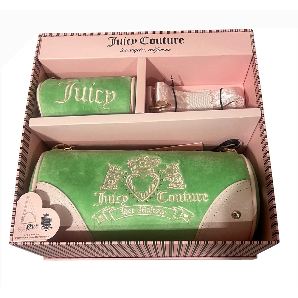 Juicy Couture Heritage Barrel Bag Set Womens OS Green Velour Y2K Crossbody NWT